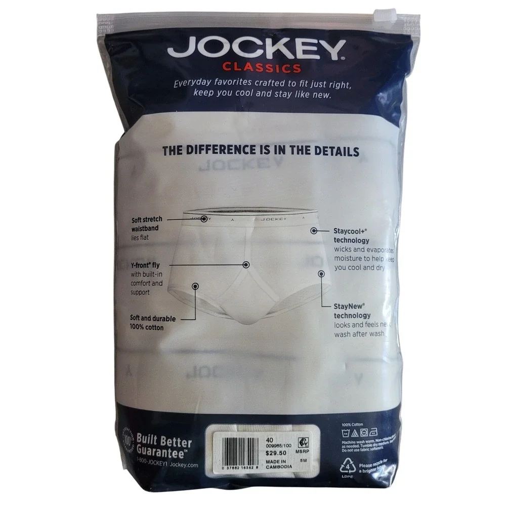 Vintage Jockey Classics 4 Pack Full Rise Briefs 40 White Cotton Staycool NEW NWT